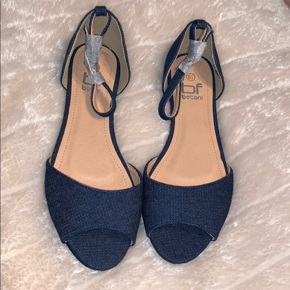 Denim, ankle wrapped flats. New, never worn!